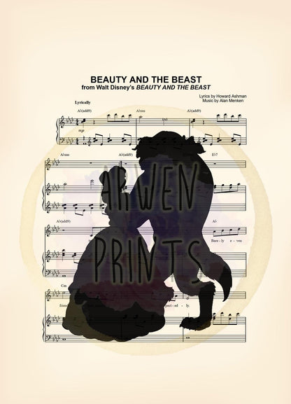 Beauty and the Beast Black Silhouette Tale As Old As Time Sheet Music Art Print