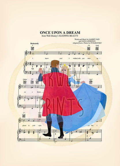 Sleeping Beauty Aurora and Prince Philip Vintage Sheet Music Wall Art — Disney Gift for Music Lovers