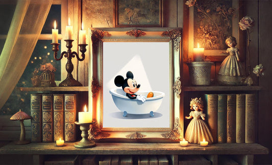 Mickey in Bathtub Classic Art Print, Disney Bathroom Wall Decor