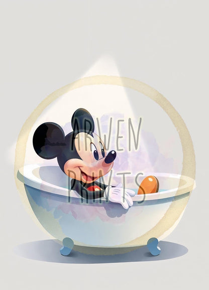 Mickey in Bathtub Classic Art Print, Disney Bathroom Wall Decor