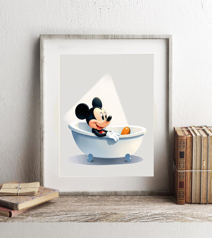 Mickey in Bathtub Classic Art Print, Disney Bathroom Wall Decor