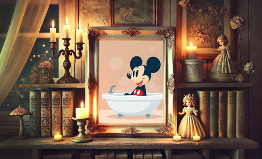 Mickey in Bathtub Modern Art Print, Disney Bathroom Wall Decor