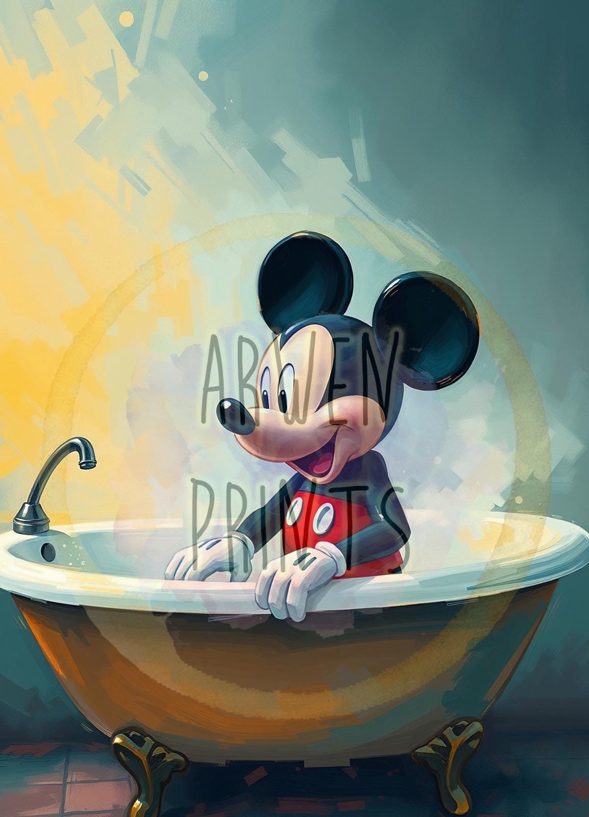Mickey Mouse Watercolor Bathtub Art Print, Disney Bathroom Wall Decor