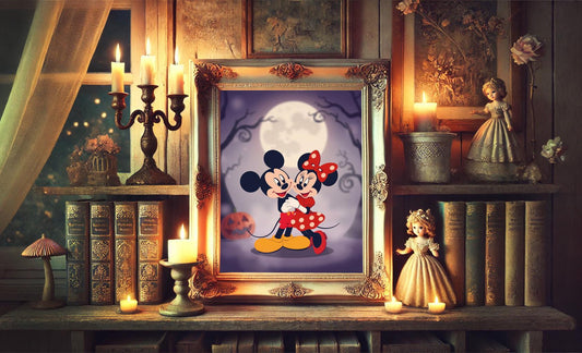 Mickey and Minnie Halloween Art Print, Vintage Disney Wall Decor, Disney Halloween Art