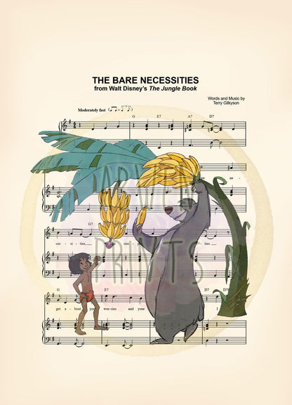 The Jungle Book Baloo and Mowgli Banana Tree The Bare Necessities Sheet Music Wall Art — Disney Gift for Music Lovers