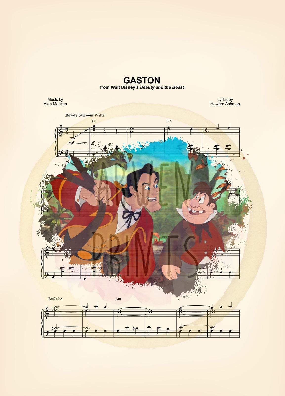 Beauty and the Beast Gaston and Lefou Sheet Music Art Print
