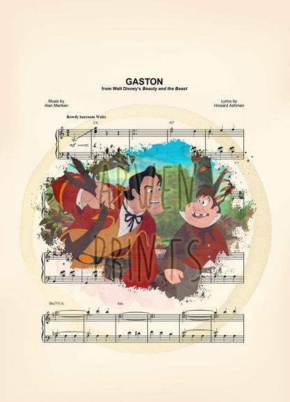 Beauty and the Beast Gaston and Lefou Sheet Music Art Print