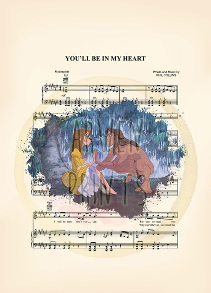 Tarzan and Jane You’ll Be in My Heart Sheet Music Wall Art — Disney Gift for Music Lovers