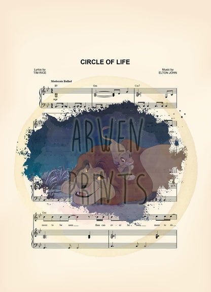 Lion King Mufasa and Simba Circle of Life Sheet Music Wall Art — Disney Gift for Music Lovers