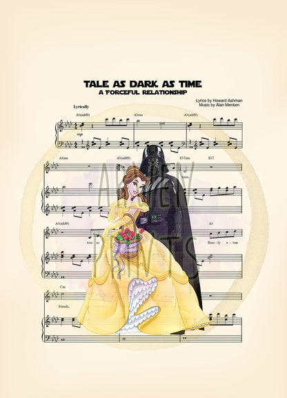 Beauty and the Beast Belle and Darth Vader Tale As Old As Time Sheet Music Art Print