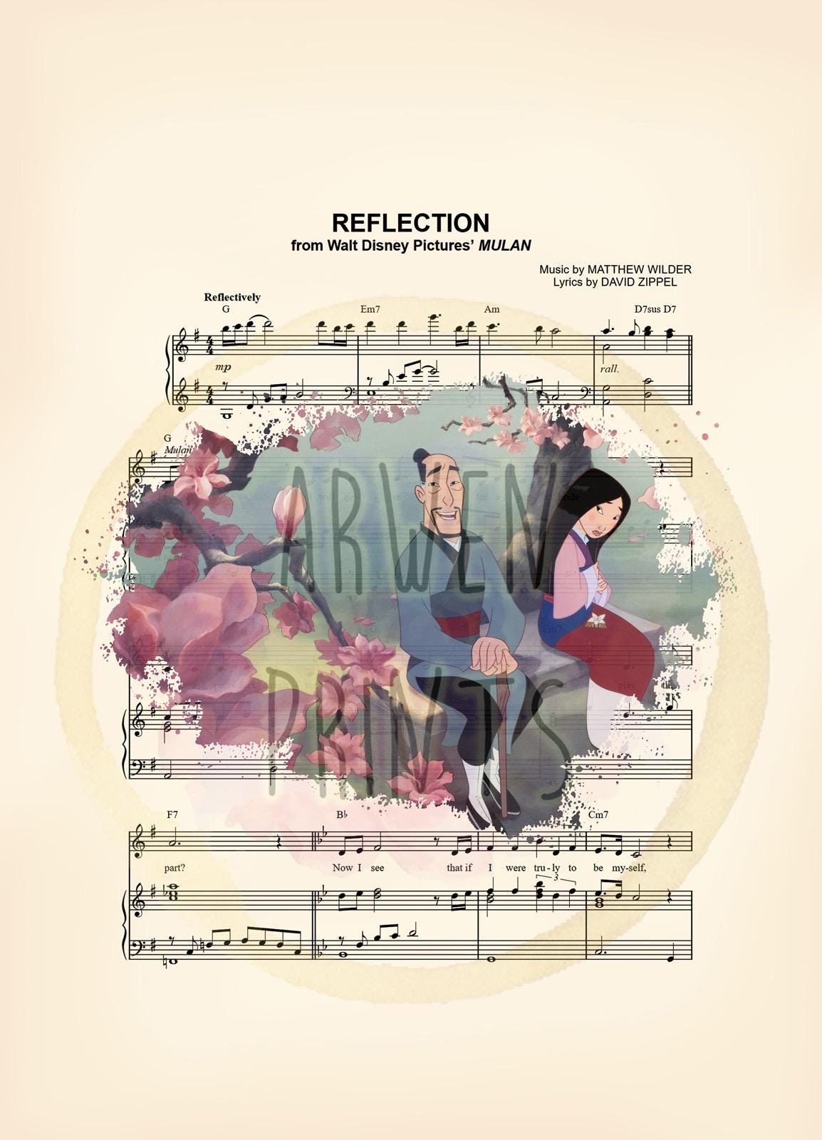 Mulan and Father Reflection Sheet Music Art Print