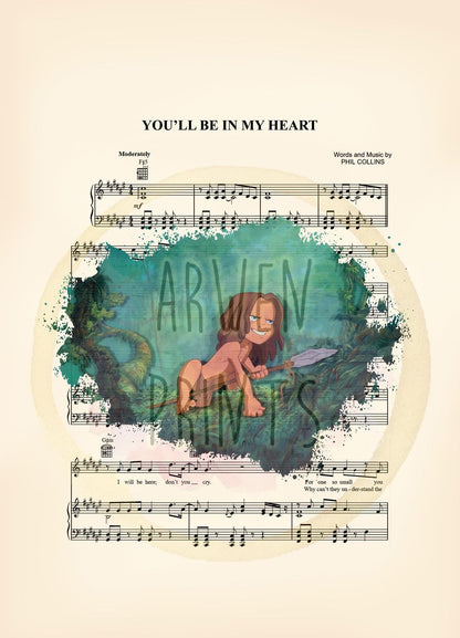 Tarzan Young Tarzan You’ll Be in My Heart Sheet Music Wall Art — Disney Gift for Music Lovers