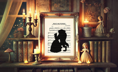 Beauty and the Beast Black Silhouette Tale As Old As Time Sheet Music Art Print