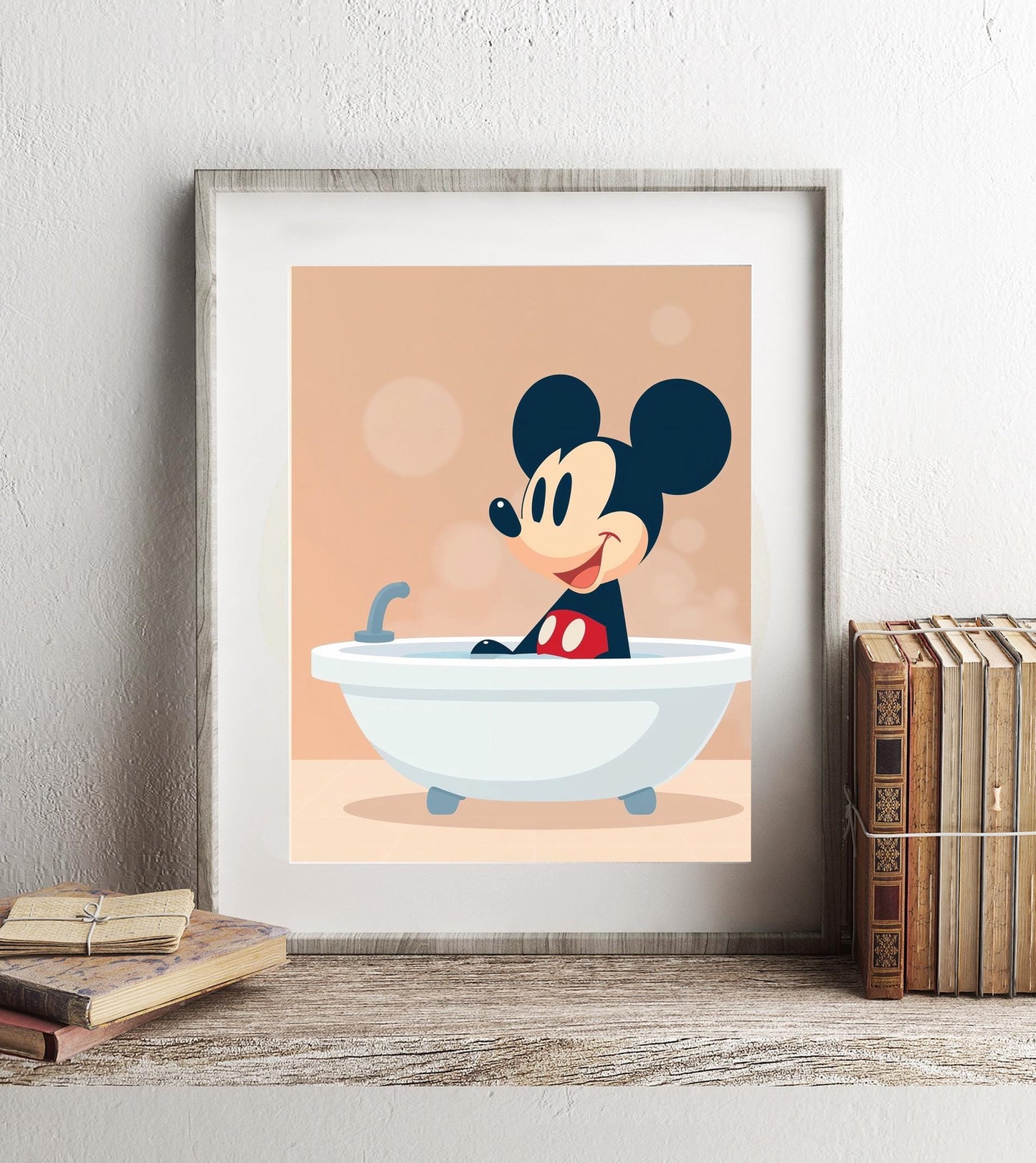 Mickey in Bathtub Modern Art Print, Disney Bathroom Wall Decor