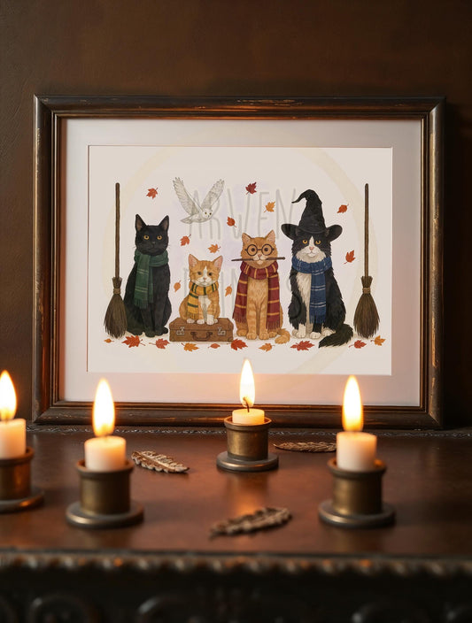 Wizard Cats  Art - Witch Cat - Cat Fall Autumn Print - Halloween Cat Decor - Halloween Art Print - Halloween Canvas - Halloween Cat Print
