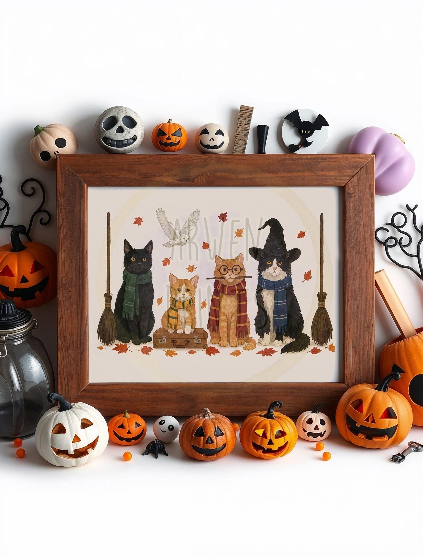 Magical Fall Cats Wall Art - Watercolor Autumn Print - Halloween Cat Decor - Halloween Art Print - Halloween Canvas - Halloween Cat Print