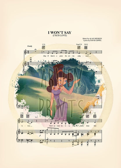 Hercules Meg  I Won't Say I'm In Love Sheet Music Wall Art — Disney Gift for Music Lovers
