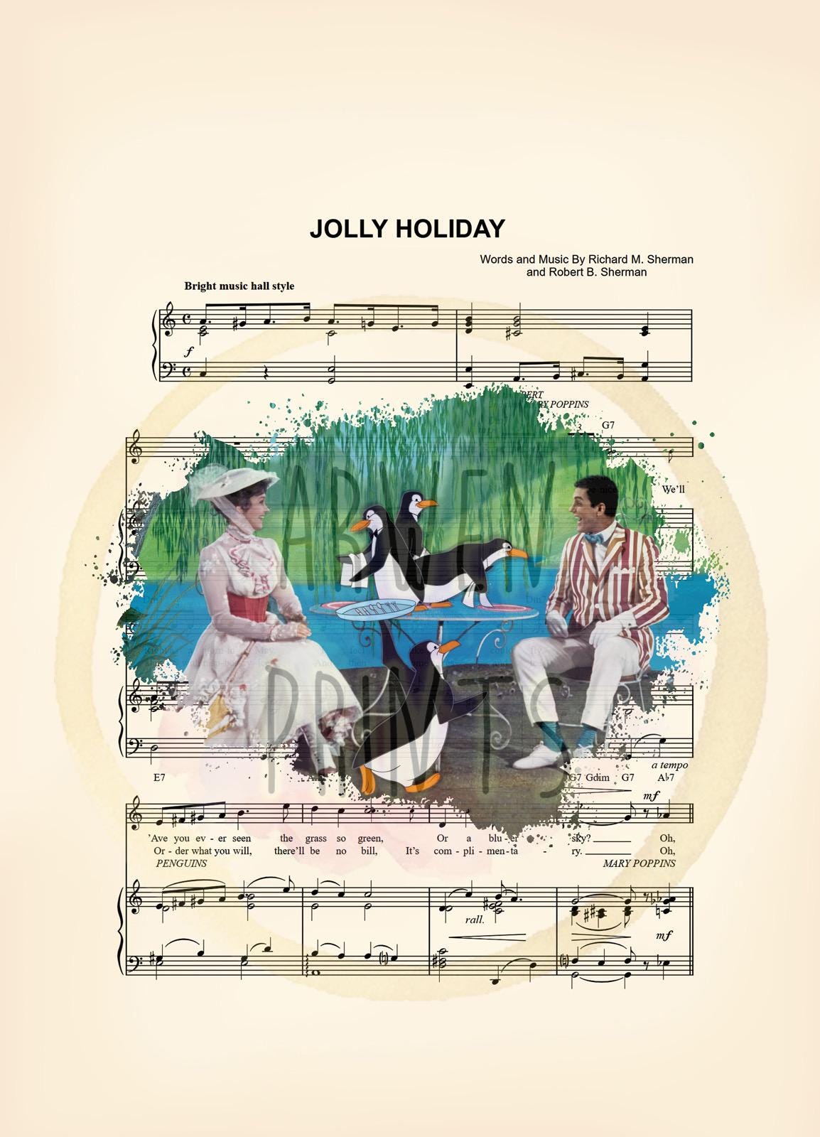 Mary Poppins and Bert Jolly Holiday Sheet Music Art Print