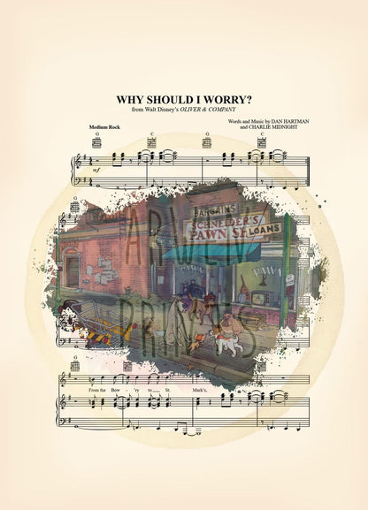Oliver and Company Splatter Why Should I Worry Sheet Music Art Print