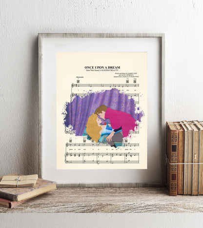 Sleeping Beauty Aurora and Prince Philip Kiss Sheet Music Wall Art — Disney Gift for Music Lovers