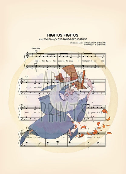 Sword in the Stone Merlin with Airplane Higitus Figitus Sheet Music Wall Art — Disney Gift for Music Lovers