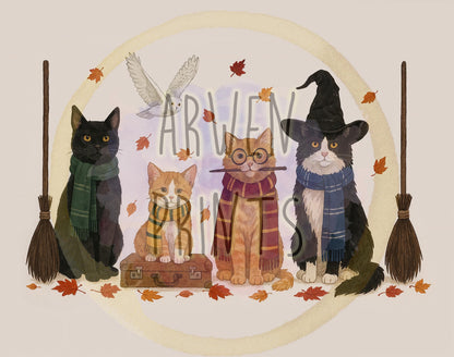 Wizard Cats  Art - Witch Cat - Cat Fall Autumn Print - Halloween Cat Decor - Halloween Art Print - Halloween Canvas - Halloween Cat Print