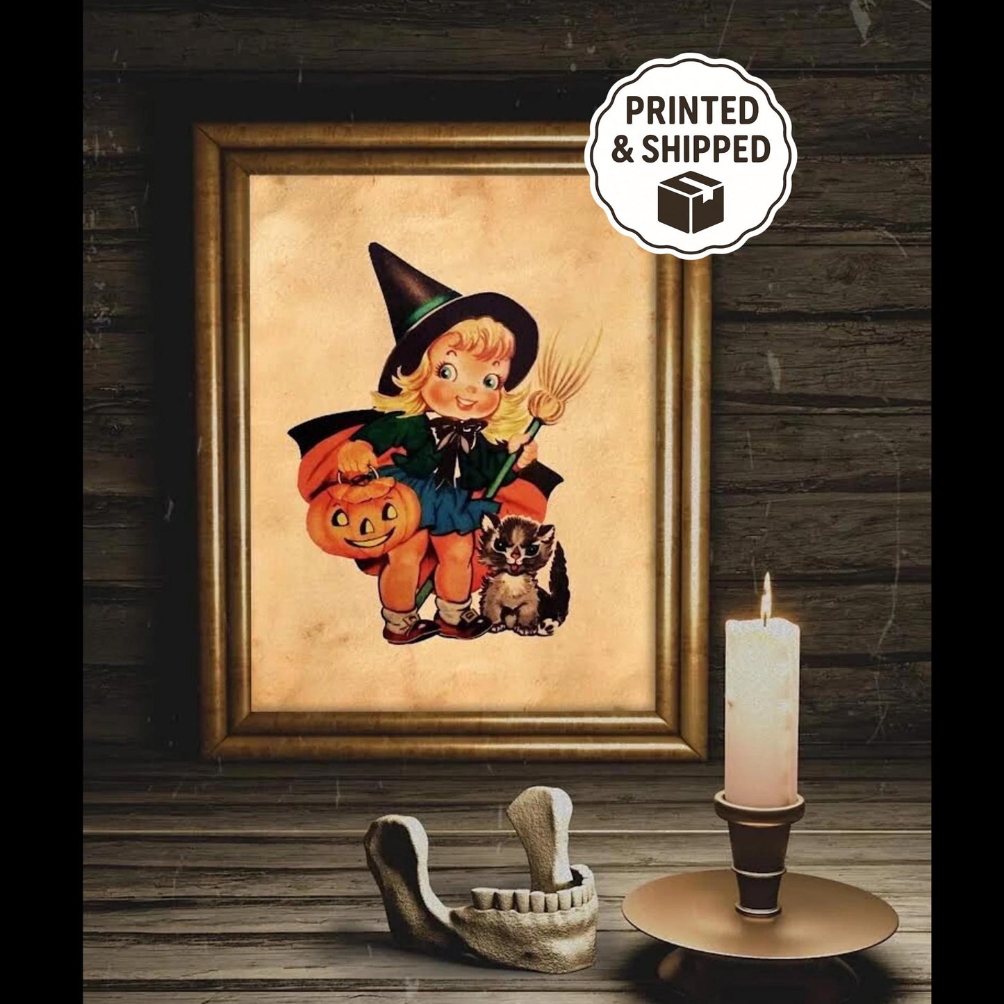 Halloween Vintage Young Witch With Black Cat Art Print, Vintage Halloween, Vintage Halloween Illustration, Vintage Halloween