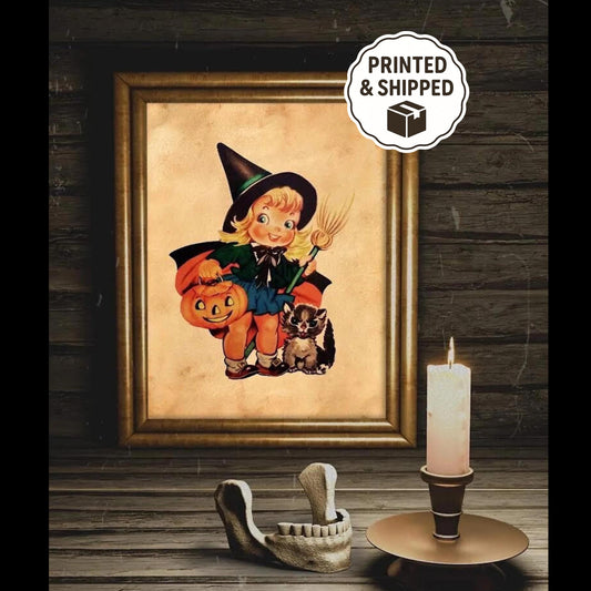 Halloween Vintage Young Witch With Black Cat Art Print, Vintage Halloween, Vintage Halloween Illustration, Vintage Halloween