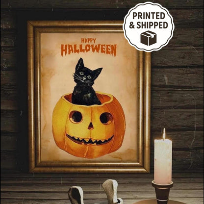 Halloween Vintage Cat in Pumpkin Art Print, Vintage Halloween, Halloween Cat Art, Black Cat, Halloween Vintage Illustration, Happy Halloween