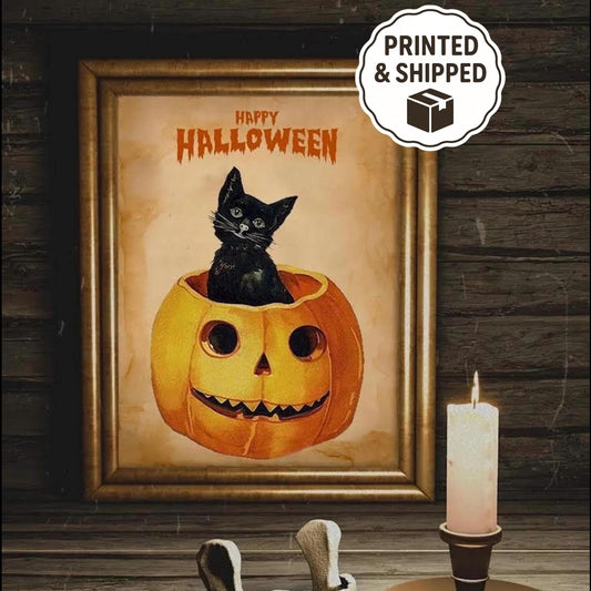 Halloween Vintage Cat in Pumpkin Art Print, Vintage Halloween, Halloween Cat Art, Black Cat, Halloween Vintage Illustration, Happy Halloween