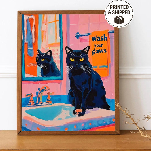 Maximalist Bathroom Cat Art, "Wash Your Paws" Trendy Cat Poster, Colorful Kitsch Wall Decor for Dopamine Decor Lovers, Playful Bathroom Art.