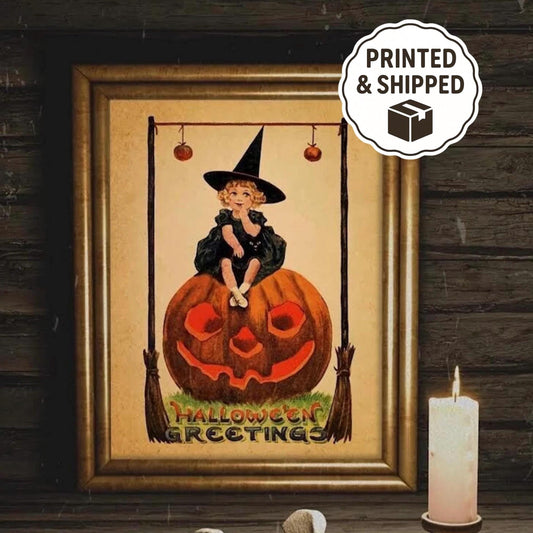 Halloween Vintage Young Witch Sitting on Pumpkin Art Print, Vintage Halloween, Vintage Halloween Illustration, Vintage Halloween