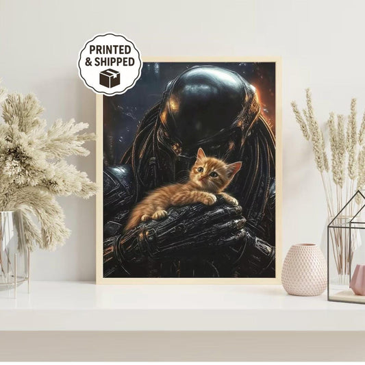 Predator Alien with Jonesy Cat Art Print, Cute Horror Poster for Sci-Fi Fans, Fun Alien and Cat Illustration, Quirky Gift for Fans of Aliens