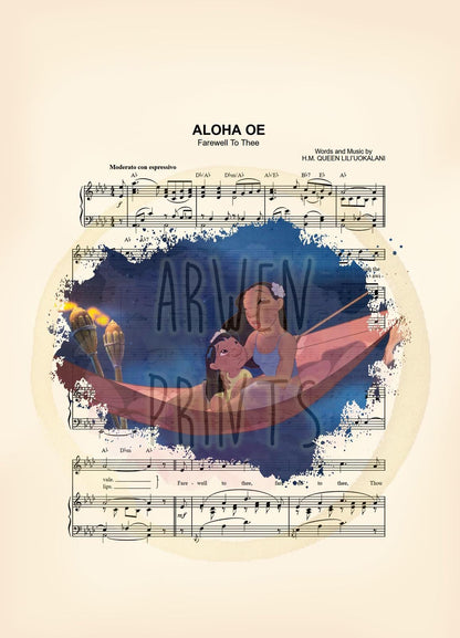 Lilo and Nani  Aloha Oe Sheet Music Wall Art — Disney Gift for Music Lovers