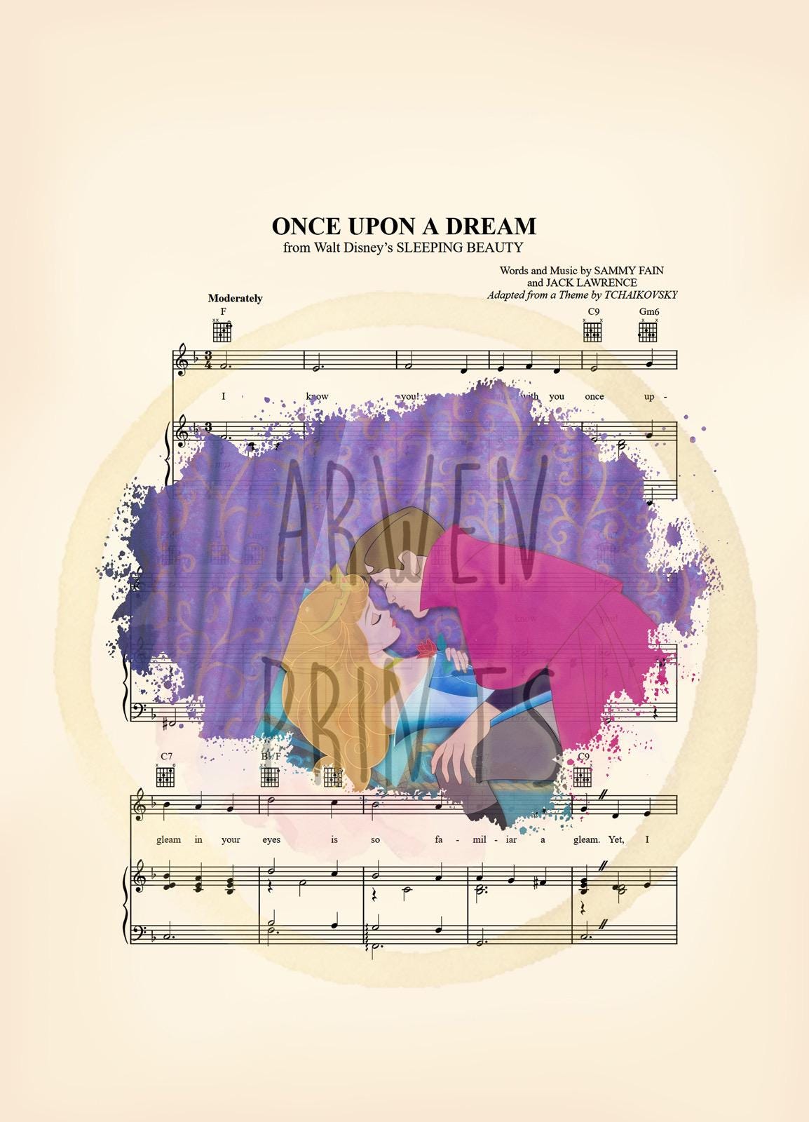 Sleeping Beauty Aurora and Prince Philip Kiss Sheet Music Art Print