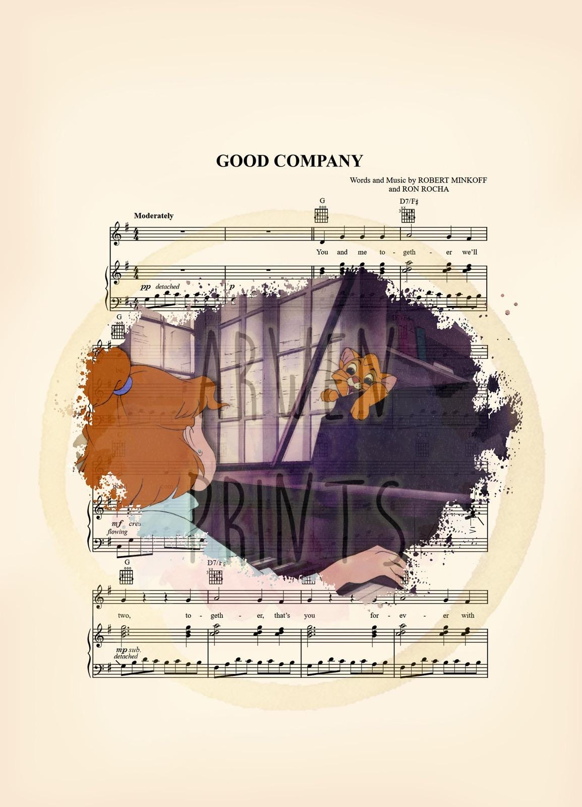 Oliver and Company Jenny and Oliver Splatter Good Company Sheet Music Art Print