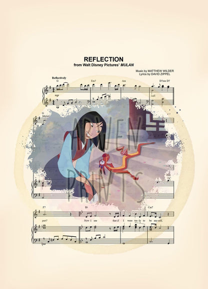 Mulan and Mushu Reflection Sheet Music Wall Art — Disney Gift for Music Lovers