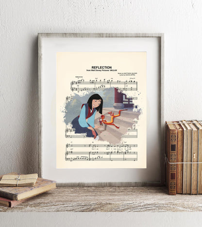 Mulan and Mushu Reflection Sheet Music Wall Art — Disney Gift for Music Lovers