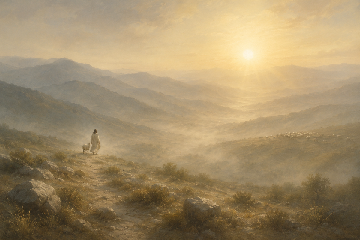 Jesus Leaving the 99 artwork, misty sunrise valley with the shepherd and one lamb and distant flock