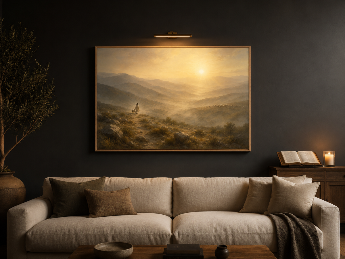 Jesus Leaving the 99 canvas on a charcoal living room wall with brass picture light, cream sofa, open Bible and candle