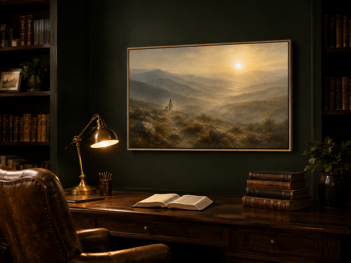 Jesus Leaving the 99 canvas in a deep green study above a walnut desk with leather chair, brass lamp and open Bible