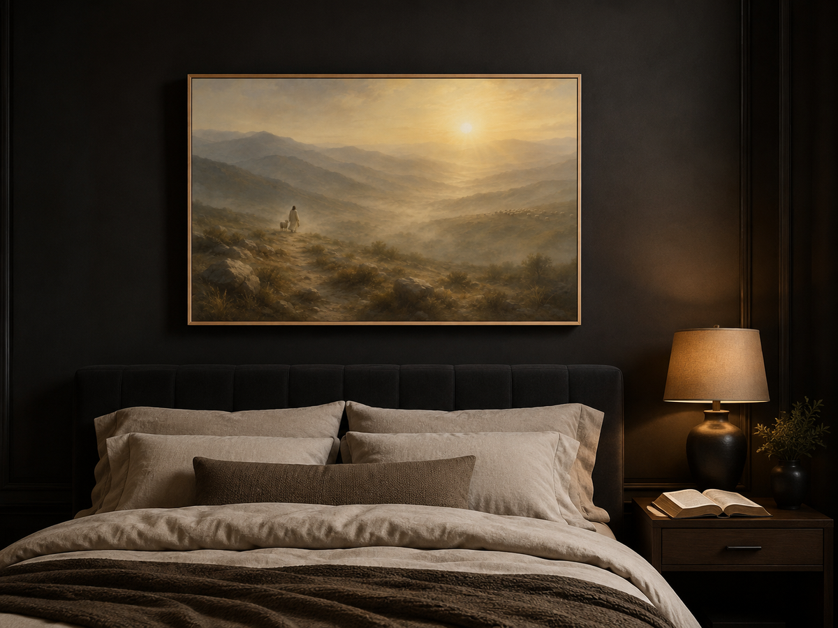 Jesus Leaving the 99 canvas above a charcoal headboard in a dark moody bedroom with open Bible on the nightstand