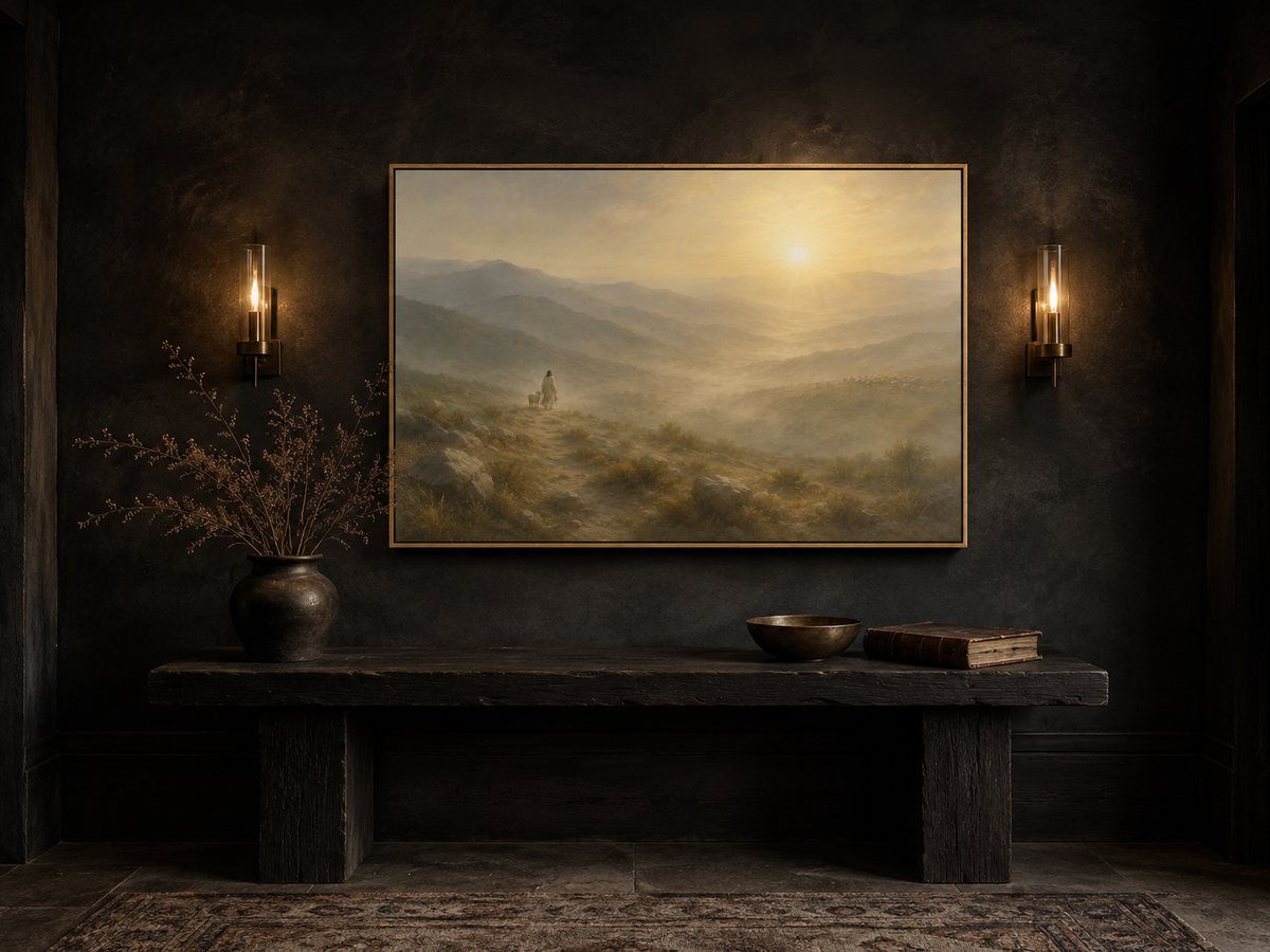 Jesus Leaving the 99 canvas above a black oak entryway console with brass sconces and a leather Bible
