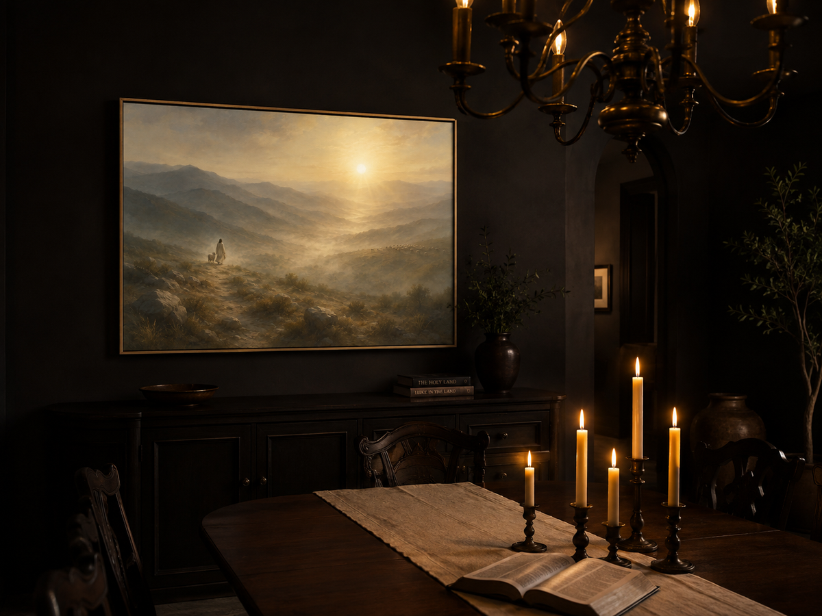 Jesus Leaving the 99 canvas in a dark dining room with lit taper candles, brass chandelier and open Bible