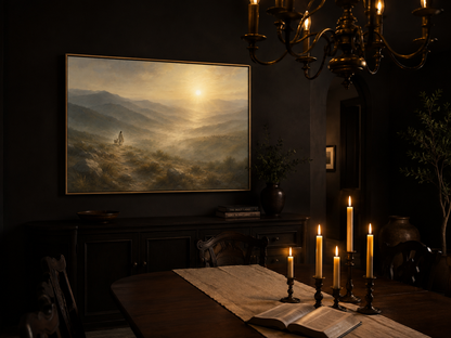 Jesus Leaving the 99 canvas in a dark dining room with lit taper candles, brass chandelier and open Bible
