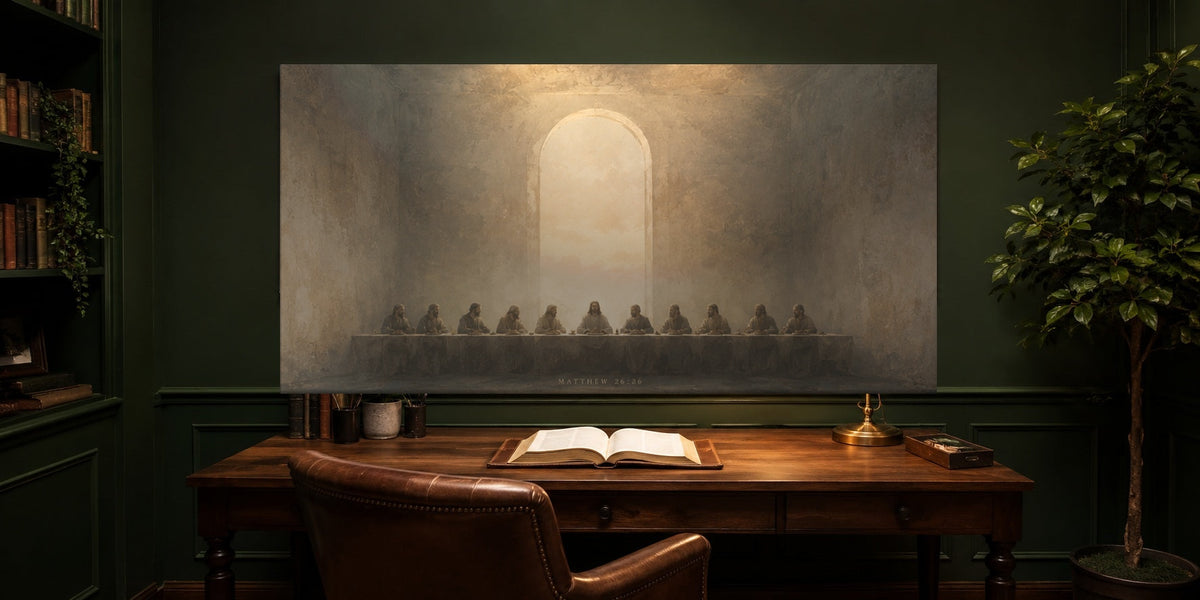 Last Supper canvas hung in a deep forest-green study with walnut desk, brass lamp and open Bible
