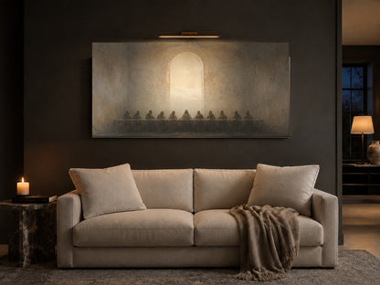 Last Supper canvas above a cream linen sofa in a charcoal living room with brass picture light