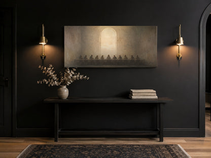 Last Supper canvas in a black entryway with brass sconces and console bench