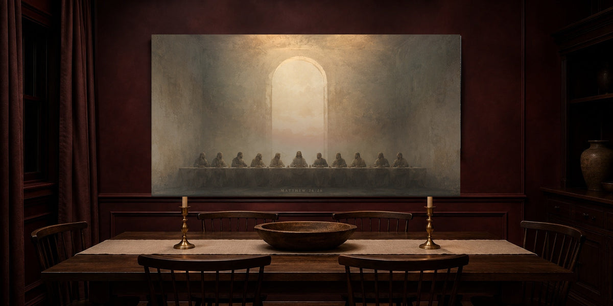 Last Supper canvas in an oxblood dining room with taper candles