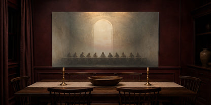 Last Supper canvas in an oxblood dining room with taper candles